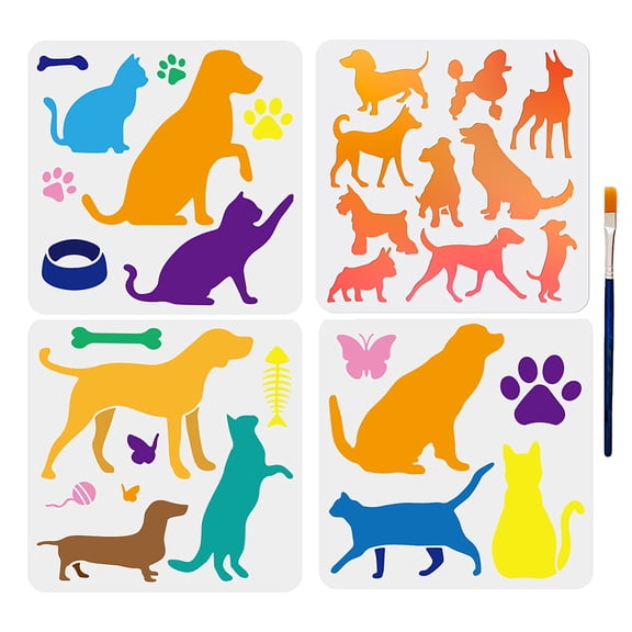 1Set 1 Set PET Hollow Out Drawing Painting Stencils for DIY Scrapbook Photo Album with 1Pc Art Paint Brushes Dog 300x300mm 4pcs/set