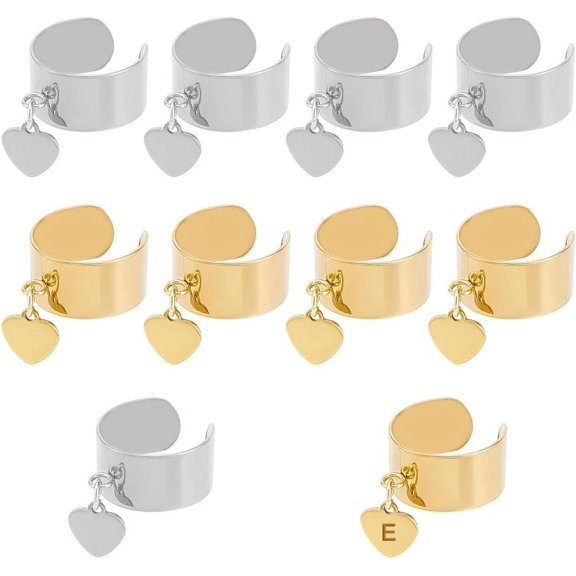 1Set 10Pcs 2 Colors Charm Rings Stainless Steel Open Cuff Finger Rings Adjustable Rings Metal Heart Pendant Golden Open Cuff Finger Ring Components for DIY Jewelry Gifts