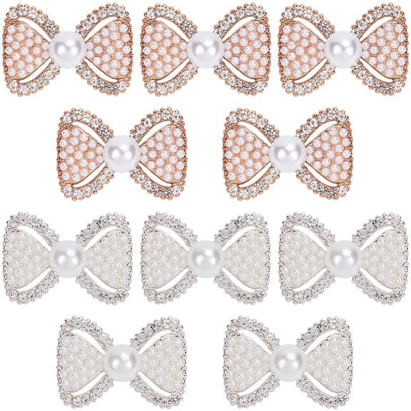 1Set 10Pcs 2 Colors Plastic Imitation Pearl Shank Buttons Bowknot with Rhinestone Platinum & Golden 30.5x21.5x13.5mm Hole: 1.8mm 5pcs/color