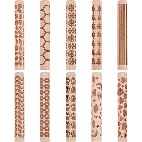 1Set 10Pcs Wooden Rolling Pin for Baking Embossed Cookies Kitchen Tool Mixed Shapes 102x14.5mm 1pc/style Mixed Color