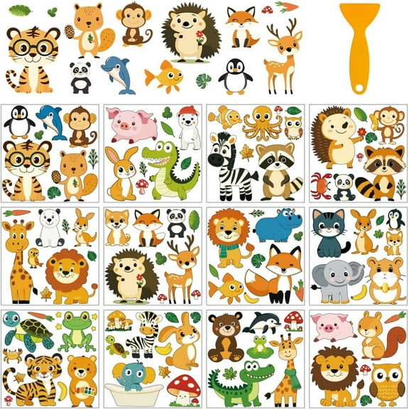 1Set 12 Sheets 12 Style PVC Stickers Heat Transfer Film for Window Decoration Animals 140x140mm 1 sheet/style