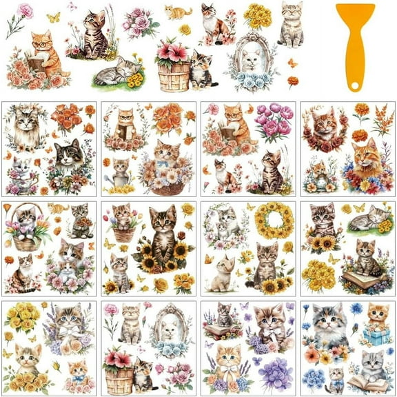 1Set 12 Sheets 12 Style PVC Stickers Heat Transfer Film for Window Decoration Cat Shape 140x140mm 1 sheet/style