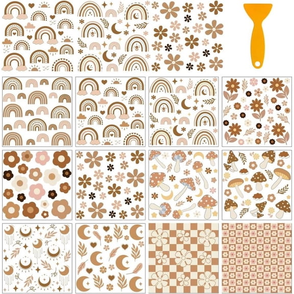 1Set 12 Sheets 12 Style PVC Stickers Heat Transfer Film for Window Decoration Rainbow 140x140mm 1 sheet/style