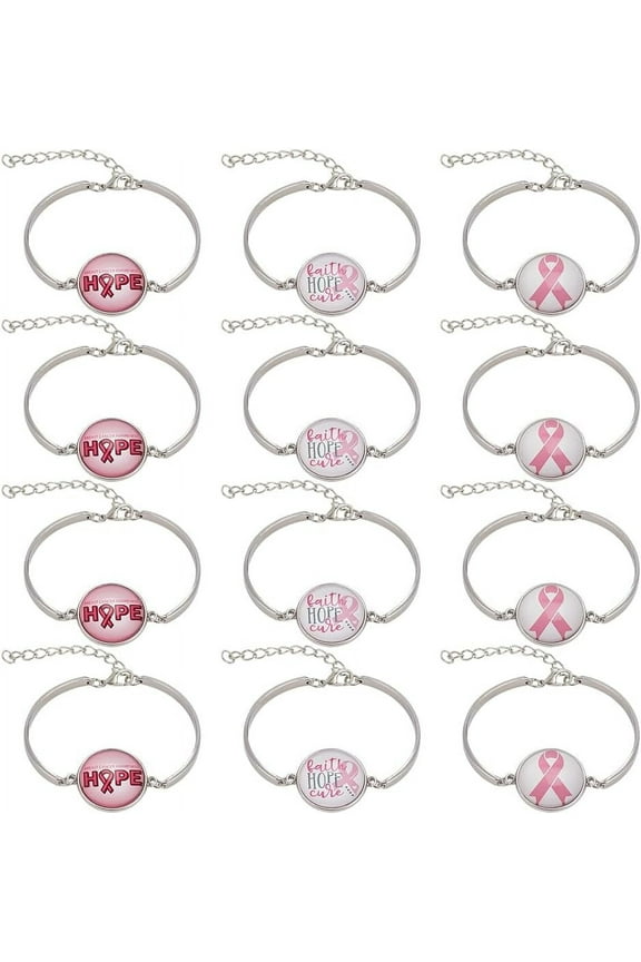 1Set 12Pcs 3 Colors Word HOPE Glass Link Bracelets October Breast Cancer Pink Awareness Ribbon Zinc Alloy Bracelets for Women Mixed Color 7-1/4 inch(18.4cm) 4pcs/color