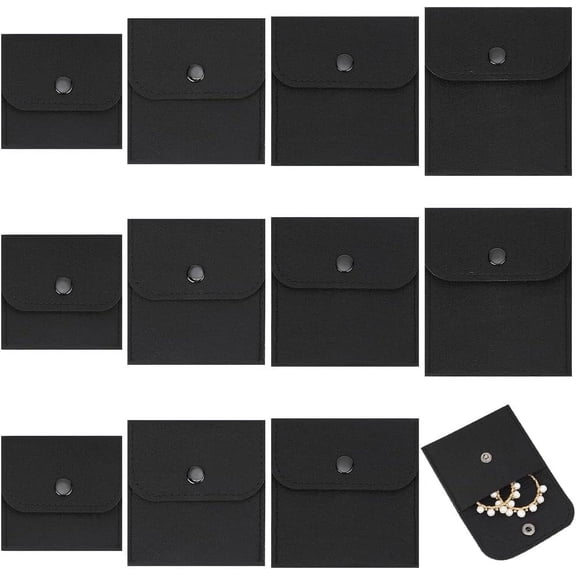 1Set 12Pcs 4 Style Felt Jewelry Storage Bags with Snap Buttons Black 7.5~11.5x7.5~10x0.85~0.95cm 3pcs/style