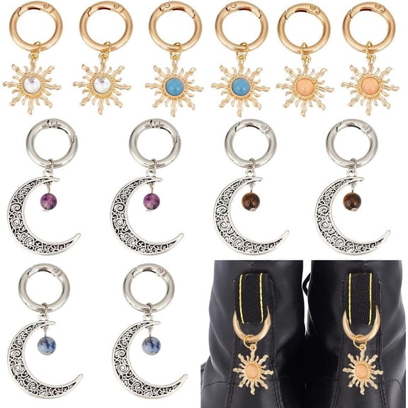 1Set 12Pcs 6 Styles Sun & Moon Alloy Shoe Charms Tiger Eye & Blue Spot Jasper & Fluorite Shoe Charm with Alloy Spring Gate Rings Platinum & Golden 54~66mm 2pcs/style