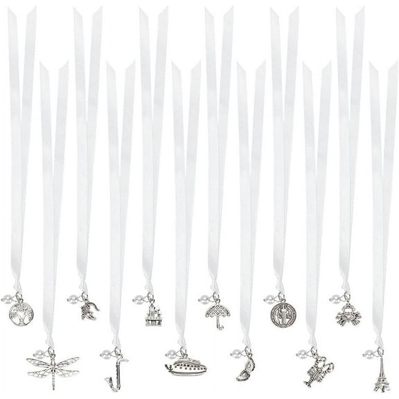 1Set 12Pcs 9Inch White Individual Ribbon Cake Pull 12Style Single Face Satin Wedding Cake Charm Pull with Alloy Silver Charm & Pearl for Birthday Party Wedding Decoration Bridesmaid Luncheon