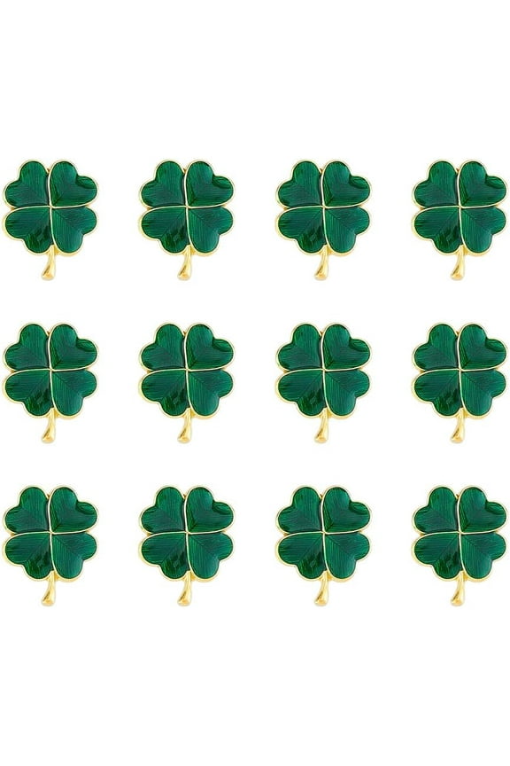 1Set 12Pcs Dark Green Four Leaves Clover Pins St. Patrick's Day Clover Studded Brooch Metal Enamel Luck of The Irish Shamrock Label Brooch Dress Decoration for Women