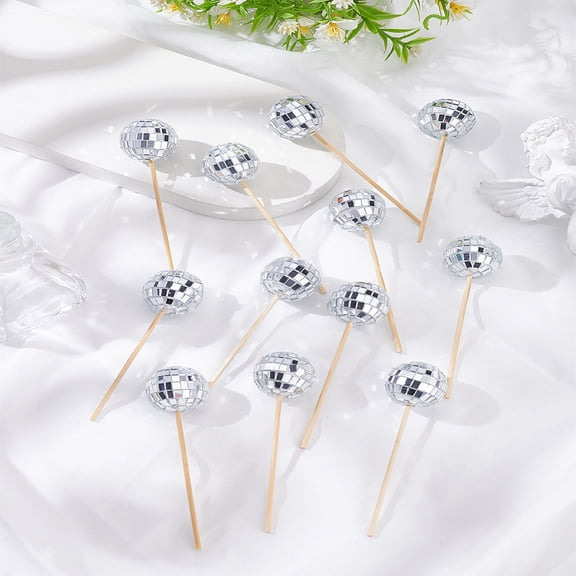 1Set 12Pcs Foam with Wood Cake Toppers Glass Mirror Disco Ball Cake Decoration Silver 108x27.5~28mm