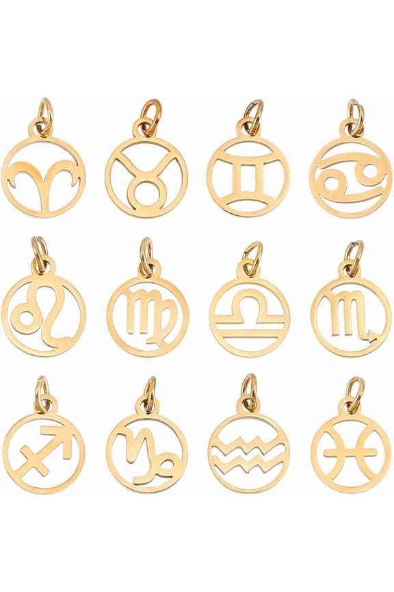 1Set 12Pcs Ion Plating(IP) 304 Stainless Steel Charms Laser Cut Ring with Constellation Charm 13.5x11x1mm Hole: 3mm 1pc/style