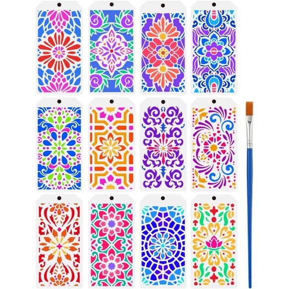 1Set 12Pcs Mandala Pattern Stencil with A Paint Brush 9.4x4.7inch Mandala Flower Pattern Painting Template Mandala Damask Decoration Stencil for Painting on Wood Wall Fabric Furniture