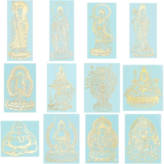 1Set 12Pcs Theme Alloy Stickers Metal Stickers for Mobile Phone Decoration Golden Mixed Patterns 50~83x35~53x0.2mm 1pc/style