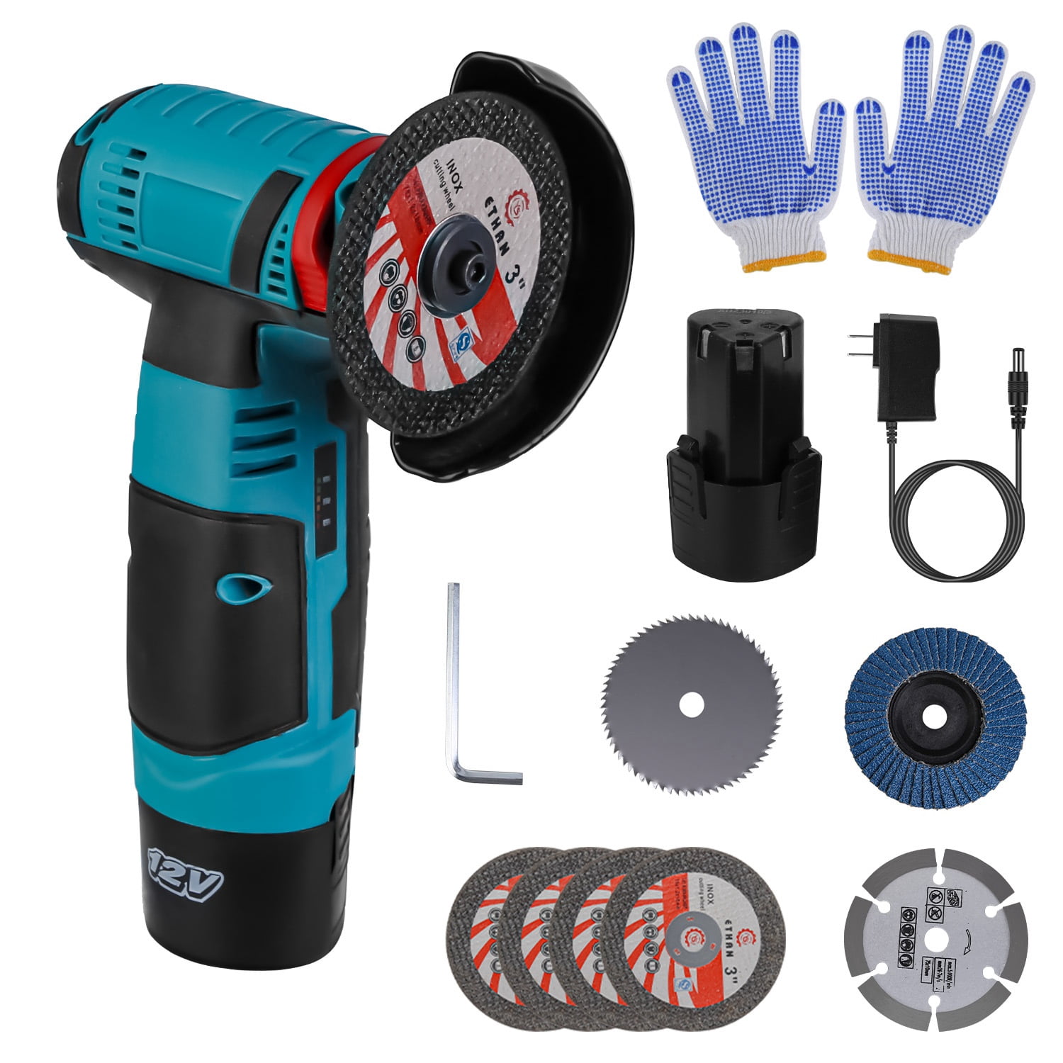 1Set 12V Cordless Mini Angle Grinder Hand Polishing Grinding Machine Cordless Cutter Grinding Tool With 7Pcs Disc 2Pcs 1100mAh Batteries And Charger Hex Key