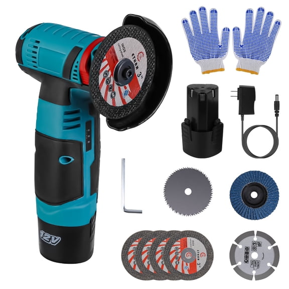 1Set 12V Cordless Mini Angle Grinder Hand Polishing Grinding Machine Cordless Cutter Grinding Tool With 7Pcs Disc 2Pcs 1100mAh Batteries And Charger Hex Key