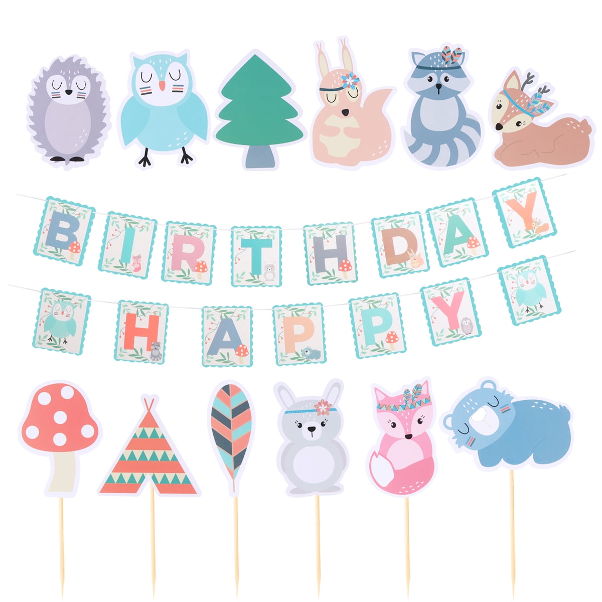 1Set/13pcs Forest Animal Themed Party Decorations Banner Animal Cake
