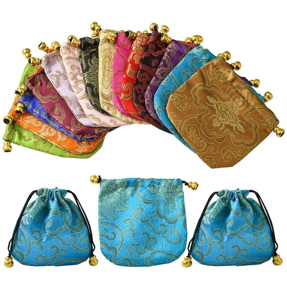 1Set 14Pcs 14 Colors Chinese Style Silk Brocade Jewelry Packing Pouches Drawstring Gift Bags Auspicious Cloud Pattern Mixed Color 11x11cm 1pc/color