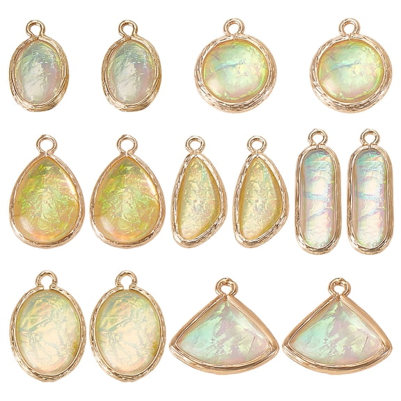 1Set 14Pcs 7 Styles Resin Imitation Opal Pendants Alloy Geometric Charms Lawn Green Golden Mixed Shapes Hole: 1.5~2mm 2pcs/style