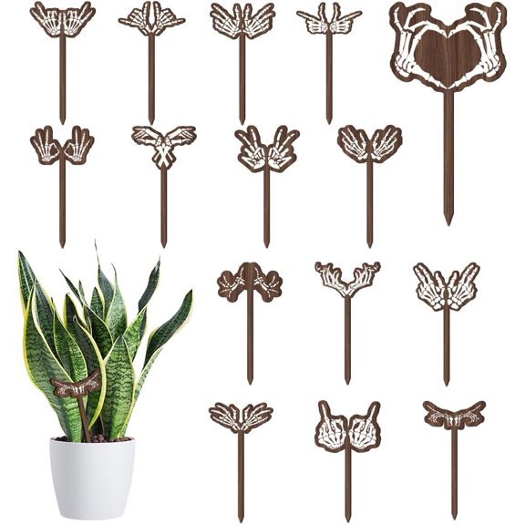 1Set 15 Pcs Wood Plant Labels 15 Styles Wooden Skeleton Hands Garden Signs Plants Tags Stickers for Indoor Outdoor Potted Seed Herbs Vegetable Halloween Gardener Gifts 12x6.35cm(4.7x2.5inch)
