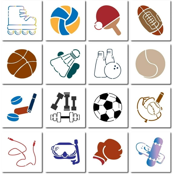 1Set 16Pcs 16 Styles Sport Ball Theme PET Plastic Hollow Out Drawing Painting Stencils Templates Square Sports 150x150mm 1pc/style