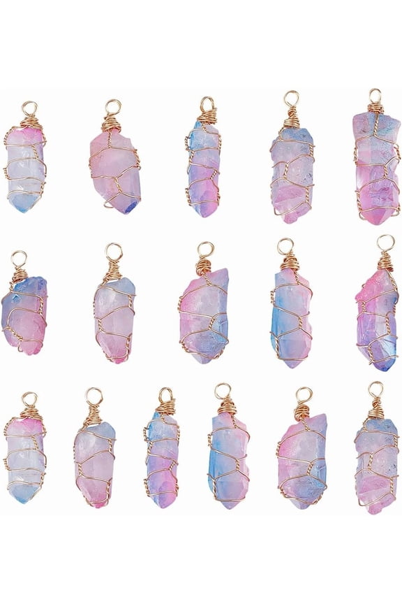 1Set 16Pcs Electroplated Raw Rough Natural Quartz Pendants Light Gold Plated Copper Wire Wrapped Charms Colorful 32~46x8.5~9.5x8~10mm Hole: 4mm