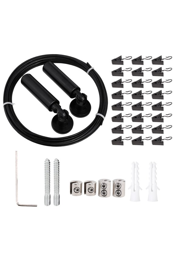 1Set 196 Inch/ 5 m Wire Curtain Rod Room Divider Wire Curtain Hanging System with 24 Clips Adjustable Curtain Drape Wire Rod Set for Tapestry Photo Picture Kids Craft Art Display Wall Window Decor