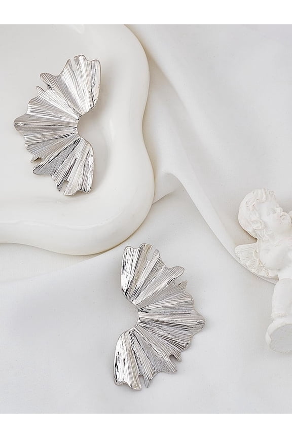 1Set 1Pair Iron Stud Earrings Fan Left and Right Platinum 55x33mm