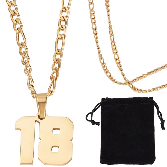 1Set 1Pc 304 Stainless Steel Figaro Chain Number Pendant Necklaces 1Pc Rectangle Velvet Pouches Golden 24.21 inch(61.5cm) Pendant: 18.5x19mm