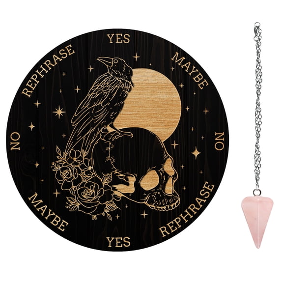1Set 1Pc Custom PVC Plastic Pendulum Board 1Pc 304 Stainless Steel Cable Chain Necklaces 1Pc Natural Rose Quartz Stone Pendants for Witchcraft Wiccan Altar Supplies Skull Pattern Board: 200x4mm