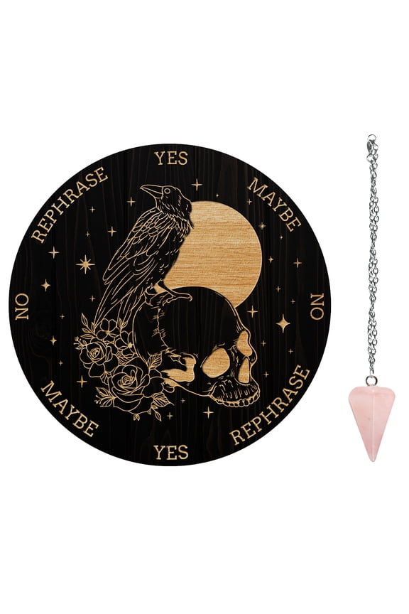 1Set 1Pc Custom PVC Plastic Pendulum Board 1Pc 304 Stainless Steel Cable Chain Necklaces 1Pc Natural Rose Quartz Stone Pendants for Witchcraft Wiccan Altar Supplies Skull Pattern Board: 200x4mm