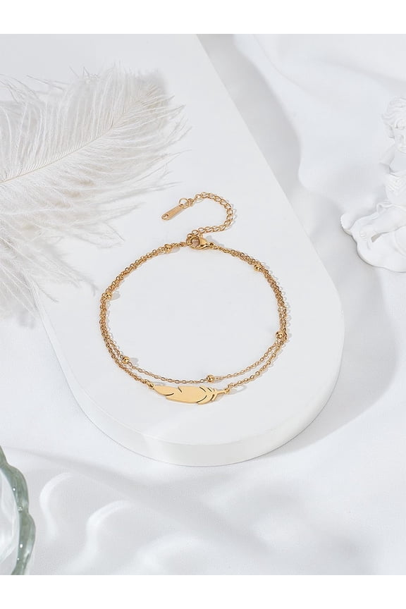 1Set 1Pc Feather Stainless Steel Link Chain Double Chain Anklets for Women Golden 8-1/4 inch(208mm)