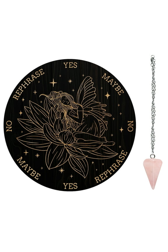 1Set 1Pc Wood Pendulum Board 1Pc 304 Stainless Steel Cable Chain Necklaces 1Pc Natural Rose Quartz Stone Pendants for Witchcraft Wiccan Altar Supplies Angel & Fairy Pattern Board: 200x4mm