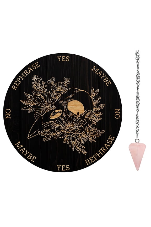 1Set 1Pc Wood Pendulum Board 1Pc 304 Stainless Steel Cable Chain Necklaces 1Pc Natural Rose Quartz for Witchcraft Wiccan Altar Supplies Bird Skull Pattern Board: 200x4mm