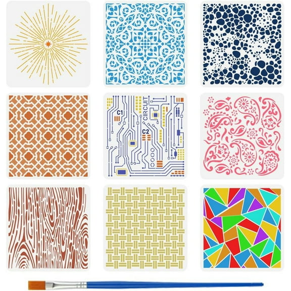 1Set 1Set PET Hollow Out Drawing Painting Stencils 1Pc Paint Bamboo Brushes Mixed Shapes 246~300x300mm