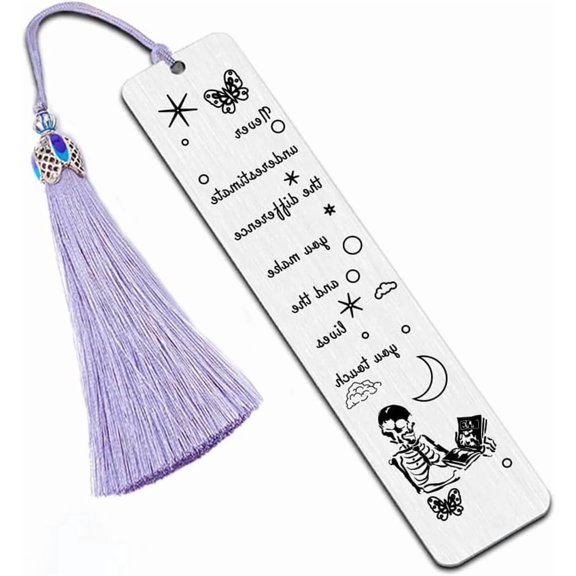 1Set 1pc Inspirational Stainless Steel Skull Bookmarks Never Underestimate The Difference You Made and The Lives You Touched Metal Engraved Skeleton Bookmark with Tassel for Book Lover Gifts