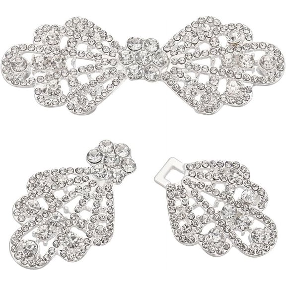 1Set 2 Pair Alloy Rhinestone Cloak Clasp Fasteners 65mm/2.5 inch Silver Bowknot Interlocking Belt Buckle for Sweaters Dresses Scarves Cardigan Shirts Jackets