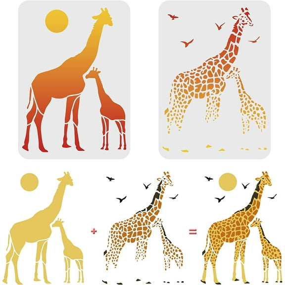 1Set 2 Pcs Layered Giraffes Stencils Template 29.7x21cm Plastic Two Giraffe Drawing Painting Stencils Sun Bird Giraffe Pattern Stencils for Painting on Wood Floor Wall and Tile