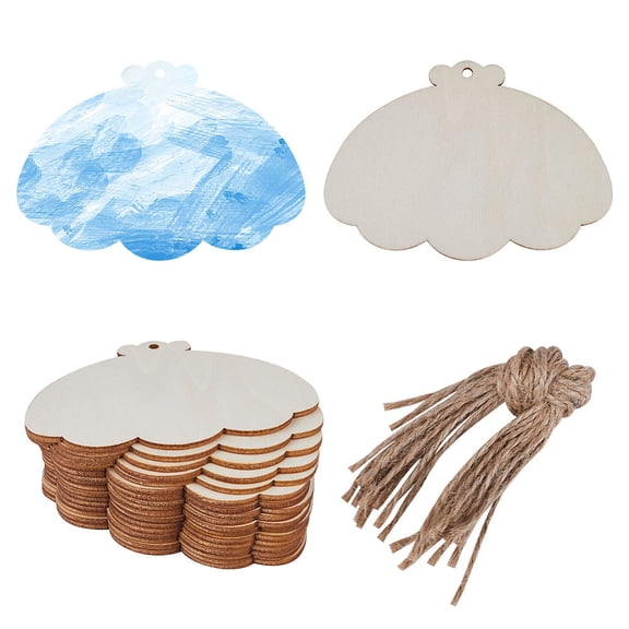 1Set 20PCS Shell Wooden Cutout Unfinished Blank Wood Hanging Slices Ornaments Sets with Hole Ropes Pendants for DIY Crafts Wedding Christmas Birthday Themed Party Decoration Painting Arts DIY