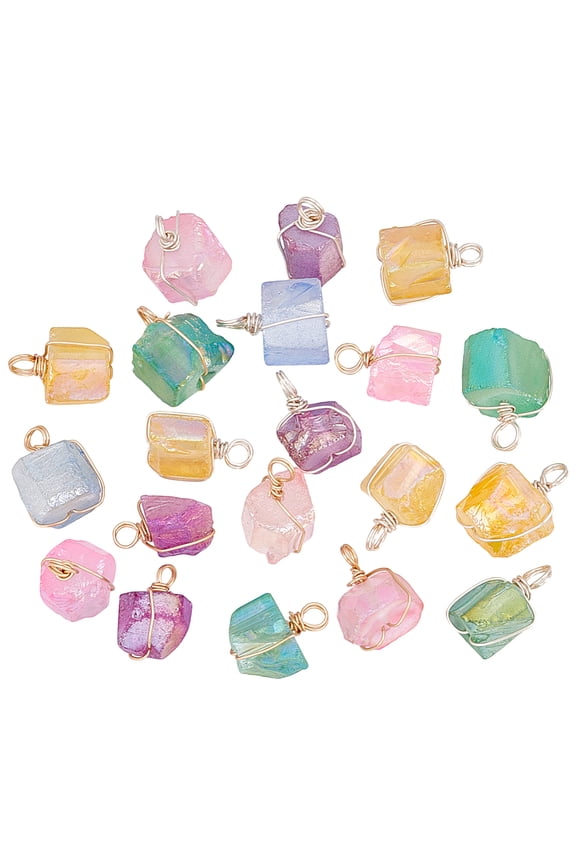 1Set 20Pcs 10 Styles Electroplated Natural Quartz Pendants Copper Wire Wrapped Irregular Shaped Charms 19.5x10x11.5mm Hole: 3.5mm 2pcs/style