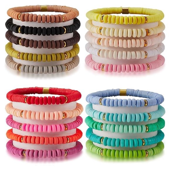 1Set 20Pcs 20 Colors Handmade Polymer Clay Heishi Surfer Stretch Bracelets Set with Synthetic Hematite Preppy Bracelets for Women Mixed Color Inner Diameter: 2-1/8 inch(5.5cm) 1pc/color