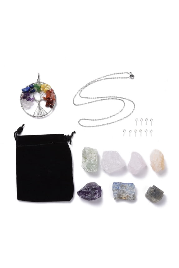 1Set 20Pcs DIY Gemstone Pendant Necklacs Kits Including Tree of Life Mixed Stone Big Pendants 304 Stainless Steel Cable Chain Necklaces Natural Gemstone Beads