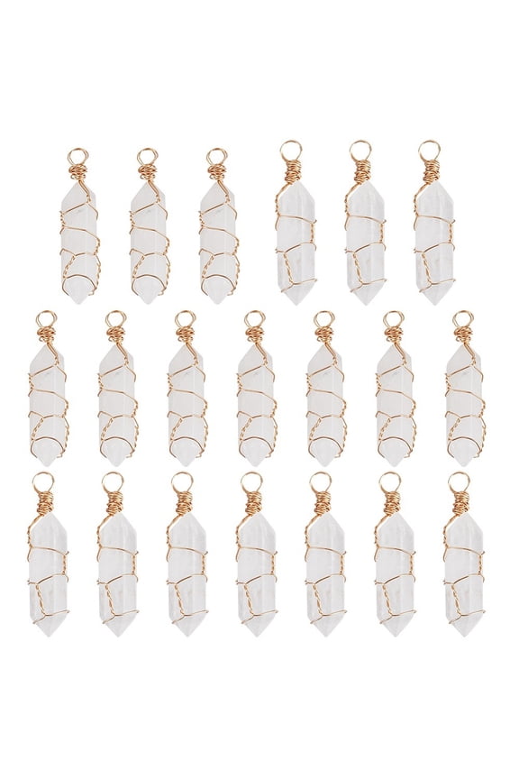 1Set 20Pcs Natural Quartz Pendants Rock Pendants Light Gold Plated Copper Wire Wrapped Double Terminated Point Charms 41x9x9mm Hole: 3.8mm