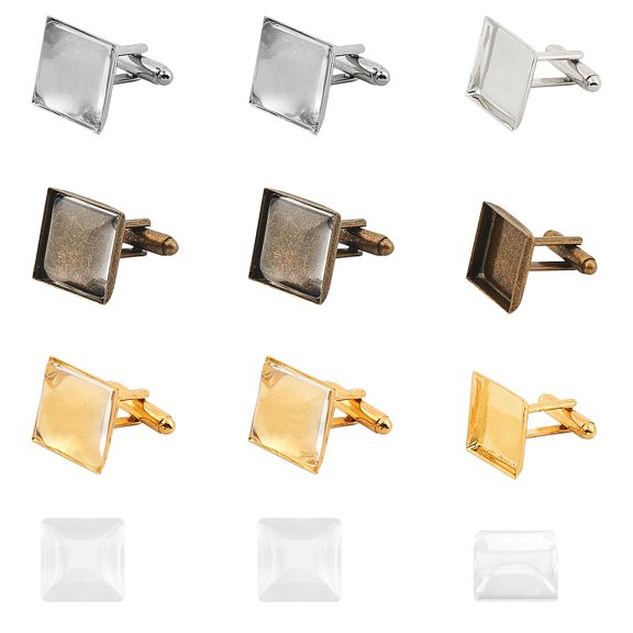 1Set 24 pcs 3 Colors Brass Cufflink Cuff Button Pads 16mm Square Tray Bezel Cufflink Blanks with Clear Cabochons for Shirt Cloth Accessories
