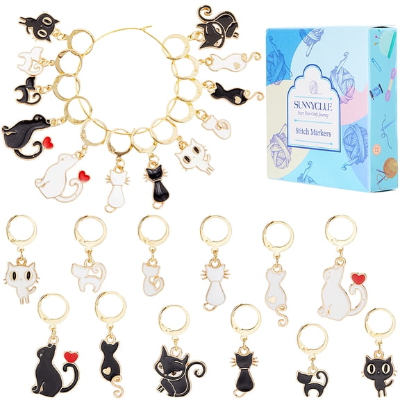 1Set 24Pcs 12 Styles Cat Alloy Enamel Pendant Locking Stitch Markers with 304 Stainless Steel Leverback Earring Findings 3~3.9cm 2pcs/style