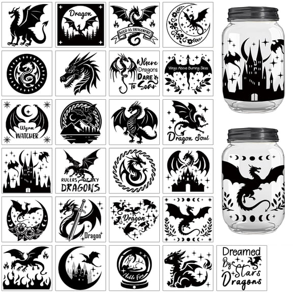 1Set 25Pcs 25 Styles PVC Self Adhesive Stickers Waterproof Embossed Decals Card Making Black and White Sticker Dragon 100x90mm 1pc/style