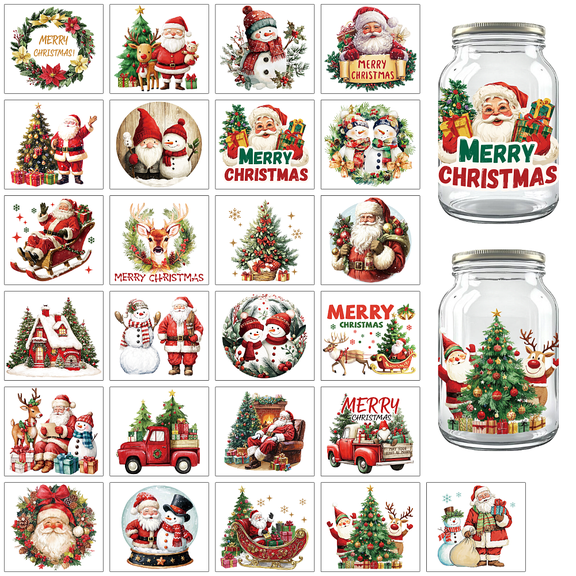 1Set 25Pcs 25 Styles PVC Self Adhesive Stickers Waterproof Embossed Decals Card Making Black and White Sticker Santa Claus 100x90mm 1pc
