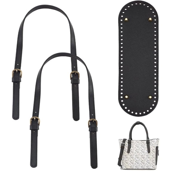1Set 26.4~27.9 Inch Sew On Leather Bag Handle Woven Crochet Bottom Black Handbag Short Shoulder Strap Adjustable Handbag Shoulder Strap Replacement Bag Accessory Set