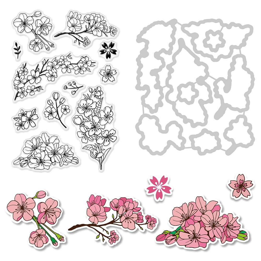 1Set 2PCS Cherry Blossom Theme Clear Stamps and Die Cuts Flowers ...