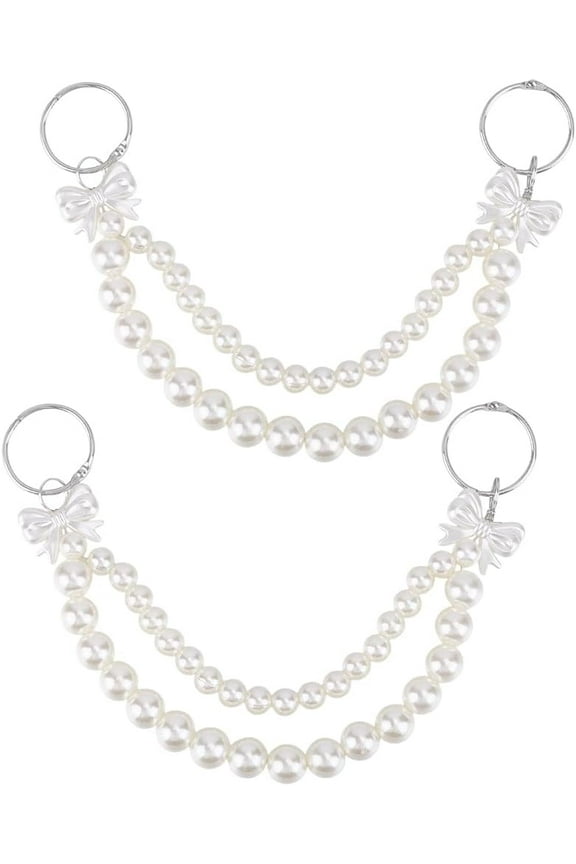 1Set 2Pcs 11.6In Purse Strap Extender White Bow Tie Double Layers Pearl Keychain Extension Chain with Alloy Ring Clasps Bowknot Charms for Bag Replacement Crossbody Shoulder Decoration