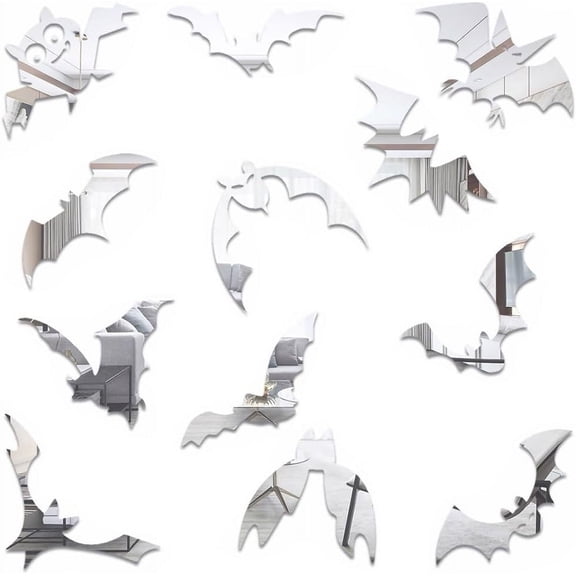 1Set 2Pcs Acrylic Mirror Wall Stickers Halloween Mirror Wall Decals DIY 3D Mirror Bat Wall Art Self Adhesive Mirror Wall Decorative Mural Detachable for Home Room TV Background Silver 20x15cm