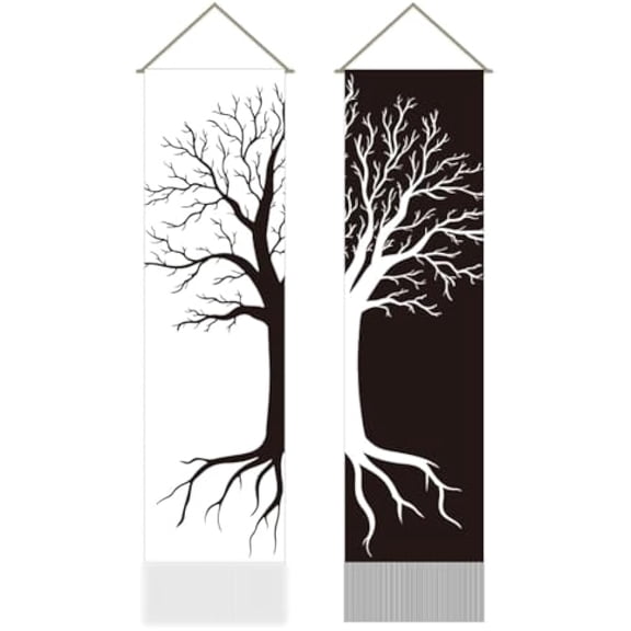 1Set 2Pcs Bohe Tree of Life Tapestry Black and White Hippie Wishing Tree Tapestry Wall Hanging Tassel Wall Aesthetic Tapestry for Living Room Bedroom Wall Decor Entry(45.7x13 Inch)